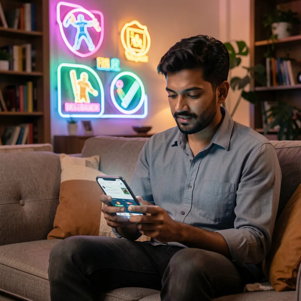 Modern Bangladeshi player using the EP444 sports betting app on his phone as vibrant cricket themed neon lights glow behind him
