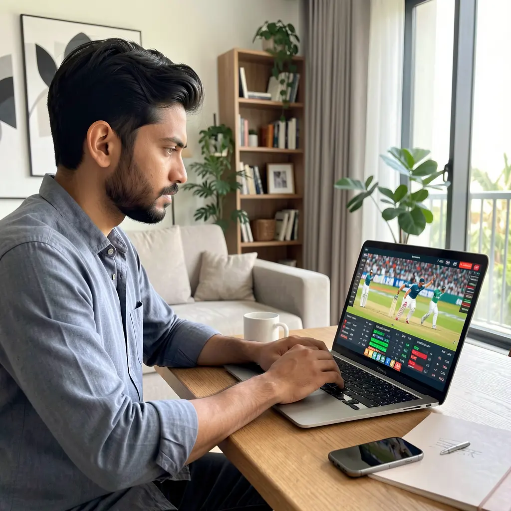 Focused Bangladeshi sports bettor analyzing live cricket odds on a laptop at home using the EP444 betting platform