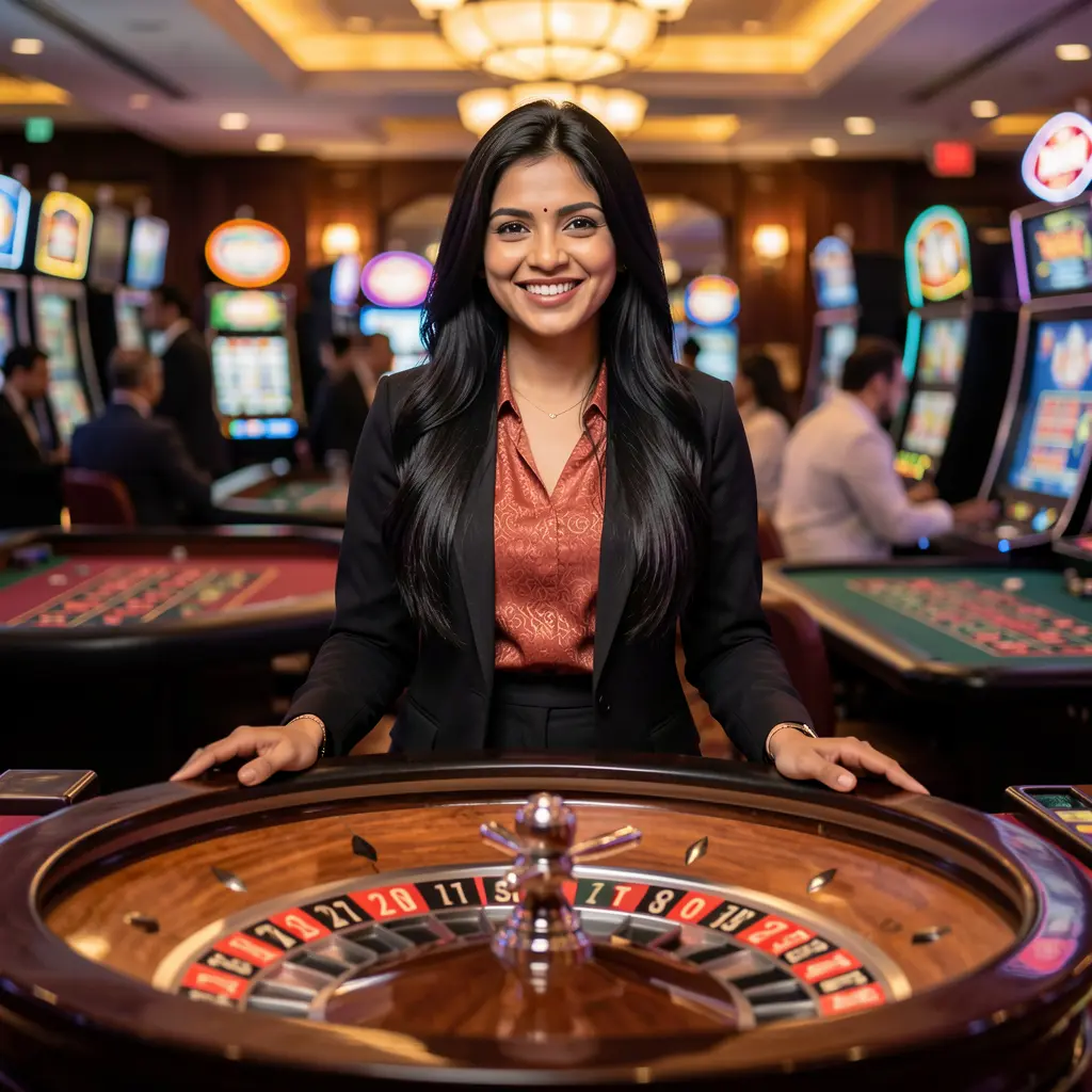 Smiling live casino dealer standing at a roulette table with glowing lights and a cinematic casino background showcasing the premium live gaming atmosphere of EP444 in Bangladesh