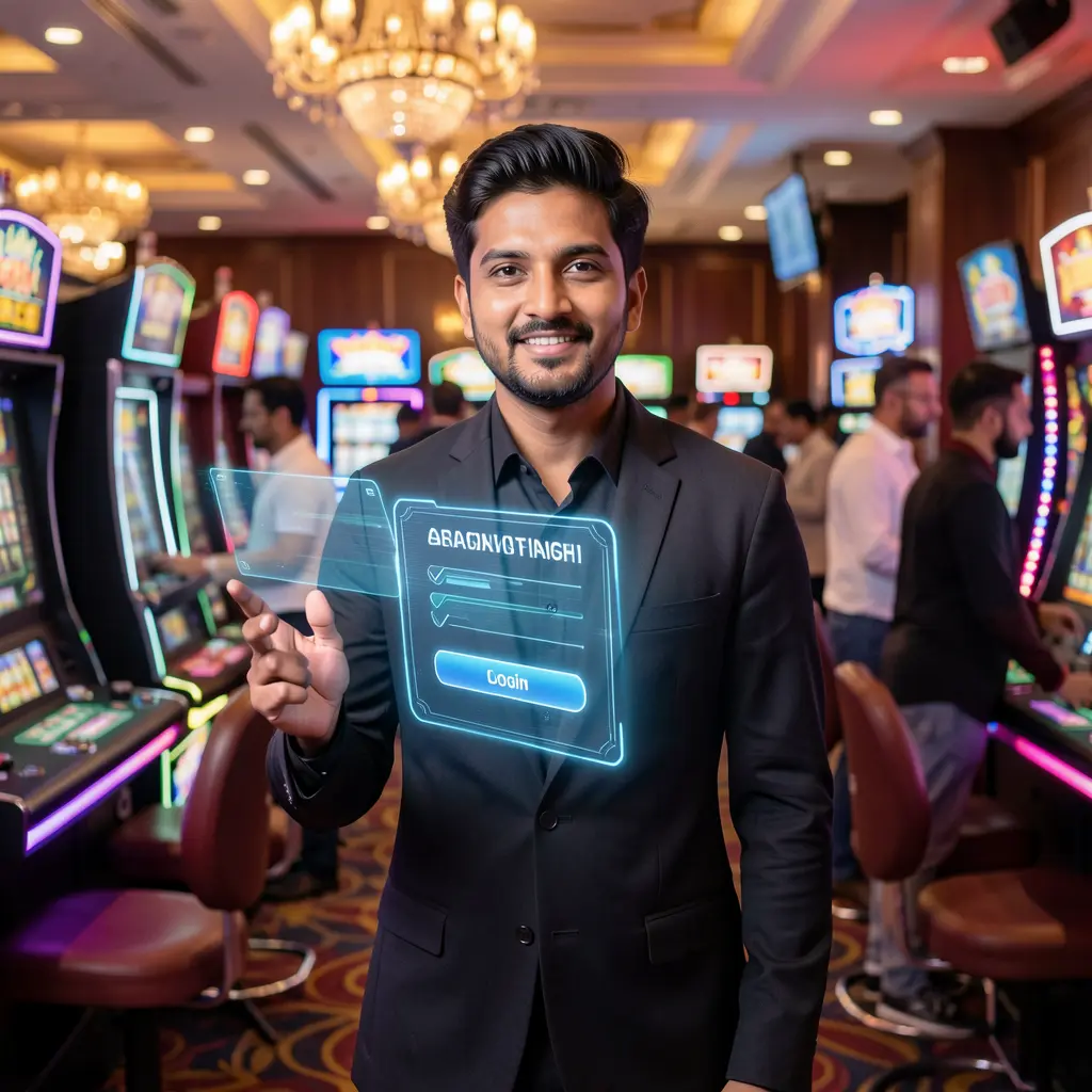 Confident Bangladeshi casino dealer pointing toward a floating holographic login button inside the vibrant EP444 casino environment